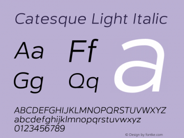 Catesque-LightItalic Version 1.000;PS 001.000;hotconv 1.0.70;makeotf.lib2.5.58329; ttfautohint (v1.3)图片样张