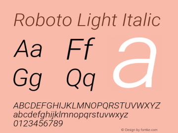 Roboto Light Italic Version 2.001151; 2014 Font Sample
