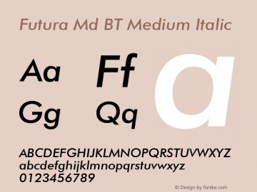 Futura Md BT Medium Italic mfgpctt-v1.52 Tuesday, January 12, 1993 3:34:53 pm (EST) Font Sample