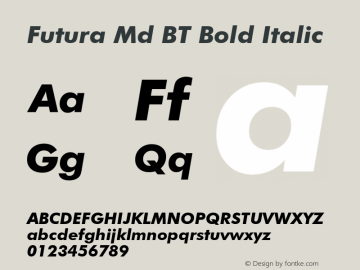 Futura Md BT Bold Italic Version 2.001 mfgpctt 4.4 Font Sample