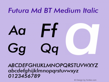 Futura Md BT Medium Italic mfgpctt-v1.52 Tuesday, January 12, 1993 3:34:53 pm (EST) Font Sample