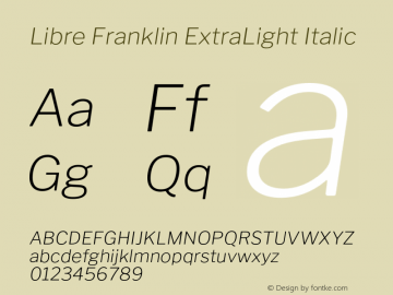 Libre Franklin ExtraLight Italic Version 1.015;PS 001.015;hotconv 1.0.88;makeotf.lib2.5.64775 Font Sample