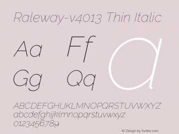 Raleway-v4013 Thin Italic Version 4.013;PS 004.013;hotconv 1.0.88;makeotf.lib2.5.64775 Font Sample