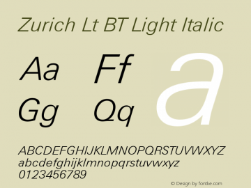 Zurich Lt BT Light Italic mfgpctt-v1.52 Tuesday, January 12, 1993 4:14:16 pm (EST)图片样张