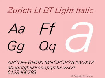 Zurich Lt BT Light Italic mfgpctt-v4.4 Dec 23 1998图片样张