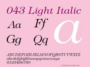 043 Light Italic mfgpctt-v1.58 Thursday, March 4, 1993 9:52:48 am (EST) Font Sample