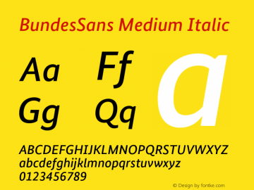 BundesSans-MediumItalic Version 1.004;PS 1.000;hotconv 1.0.57;makeotf.lib2.0.21895图片样张