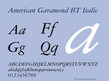 American Garamond Italic BT spoyal2tt v1.21 Font Sample