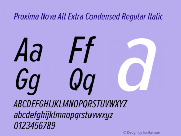 Proxima Nova Alt Extra Condensed Regular Italic Version 2.001 Font Sample