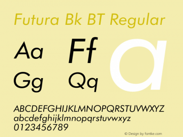 Futura Bk BT Regular Version 1.01 emb4-OT;com.myfonts.easy.bitstream.futura.book-italic.wfkit2.version.2fr7 Font Sample