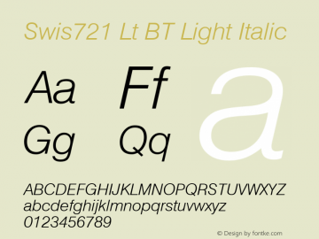 Swiss 721 Light Italic BT mfgpctt-v1.52 Monday, January 25, 1993 11:38:31 am (EST)图片样张
