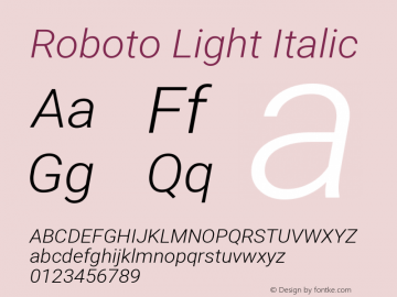 Roboto Light Italic Version 2.001047; 2014; Lolipop; build 20150206 Font Sample