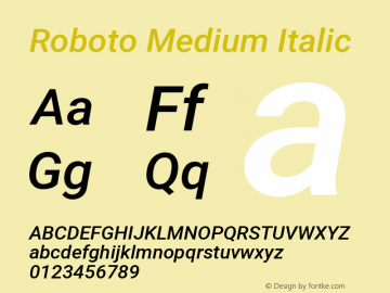 Roboto Medium Italic Version 2.001047; 2014; Lolipop; build 20150206 Font Sample