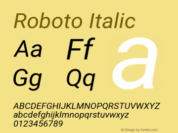Roboto Italic Version 2.001047; 2014; Lolipop; build 20150206 Font Sample