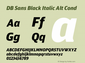 DBSans-BlackItalicAltCond Version 1.001;PS 2.001;hotconv 1.0.38 Font Sample