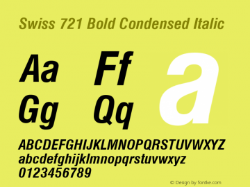 Swiss 721 Bold Condensed Italic Version 003.001 Font Sample