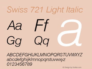 Swiss 721 Light Italic Version 003.001 Font Sample