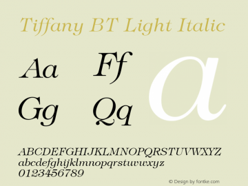 Tiffany Light Italic BT spoyal2tt v1.25 Font Sample