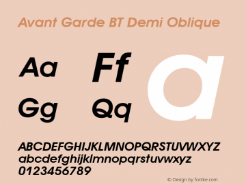 Avant Garde Demi Oblique BT spoyal2tt v1.25 Font Sample