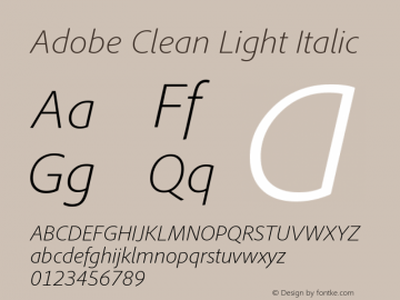 AdobeClean-LightItalic Version 1.027;PS 1.000;hotconv 1.0.56;makeotf.lib2.0.21637 Font Sample