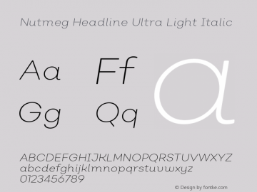 Nutmeg Headline Ultra Light Italic Version 1.000;PS 001.000;hotconv 1.0.88;makeotf.lib2.5.64775;com.myfonts.easy.without-foundry.nutmeg.headline-ultra-light-italic.wfkit2.version.4MCb图片样张