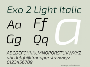 Exo 2 Light Italic Version 1.001;PS 001.001;hotconv 1.0.70;makeotf.lib2.5.58329; ttfautohint (v0.92) -l 8 -r 50 -G 200 -x 14 -w 