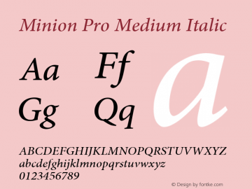 Minion Pro Medium Italic Version 2.030;PS 2.000;hotconv 1.0.51;makeotf.lib2.0.18671 Font Sample