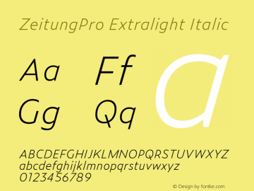 ZeitungPro-ExtralightItalic Version 1.001 (license nr. 0000 - Underware)图片样张