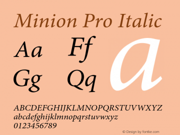 Minion Pro Italic Version 2.030;PS 2.000;hotconv 1.0.51;makeotf.lib2.0.18671 Font Sample