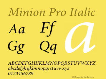 Minion Pro Italic Version 2.068;PS 2.000;hotconv 1.0.57;makeotf.lib2.0.21895 Font Sample
