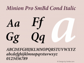 Minion Pro SmBd Cond Italic Version 2.015;PS 002.000;Core 1.0.38;makeotf.lib1.7.9032 Font Sample