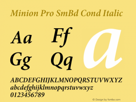 Minion Pro SmBd Cond Italic Version 2.030;PS 2.000;hotconv 1.0.51;makeotf.lib2.0.18671 Font Sample