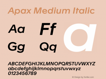 Apax Medium Italic Version 1.000 Font Sample