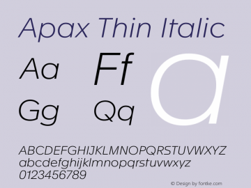 Apax Thin Italic Version 1.000 Font Sample