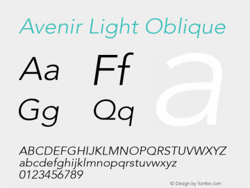 Avenir Light Oblique 8.0d3e1 Font Sample