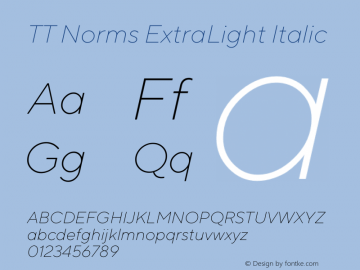 TT Norms ExtraLight Italic Version 1.000 Font Sample