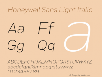 Honeywell Sans Light Italic Version 1.002;PS 1.0;hotconv 1.0.81;makeotf.lib2.5.63406图片样张