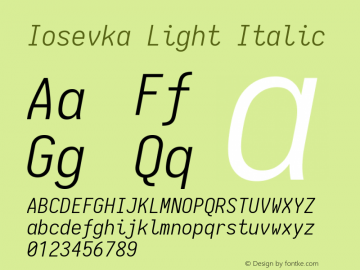 Iosevka Light Italic 1.13.1; ttfautohint (v1.6) Font Sample