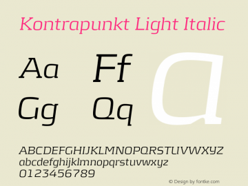 Kontrapunkt Light Italic Version 1.000;PS 001.000;hotconv 1.0.88;makeotf.lib2.5.64775图片样张