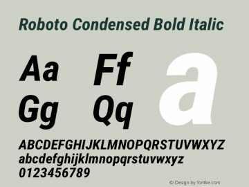 Roboto Condensed Bold Italic Version 2.01289; 2015 Font Sample