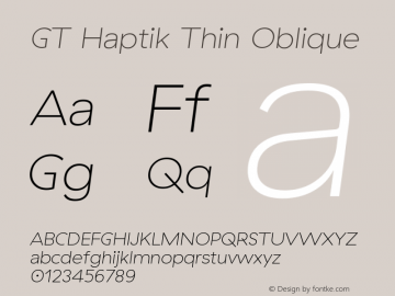GT Haptik Thin Oblique Version 3.001;PS 003.001;hotconv 1.0.88;makeotf.lib2.5.64775 Font Sample