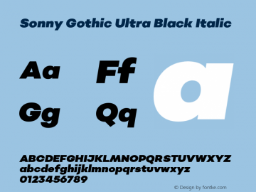Sonny Gothic Ultra Black Italic Version 1.000;PS 001.000;hotconv 1.0.88;makeotf.lib2.5.64775图片样张