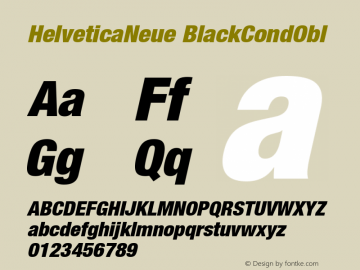 HelveticaNeue BlackCondObl Macromedia Fontographer 4.1.5 10/31/02 Font Sample