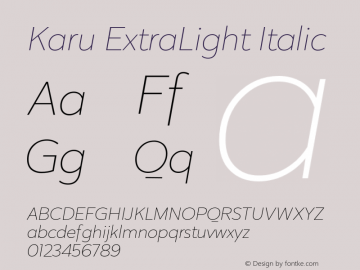 Karu-ExtraLightItalic Version 1.000;PS 001.000;hotconv 1.0.88;makeotf.lib2.5.64775 Font Sample