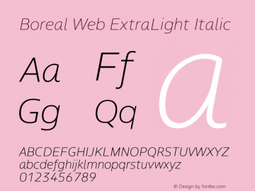 Boreal Web ExtraLight Italic Version 1.001;PS 1.1;hotconv 1.0.72;makeotf.lib2.5.5900; ttfautohint (v1.3) Font Sample