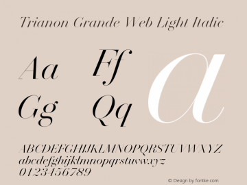 Trianon Grande Light Italic Version 1.202;PS 1.202;hotconv 1.0.72;makeotf.lib2.5.5900; ttfautohint (v1.3.34-f4db)图片样张
