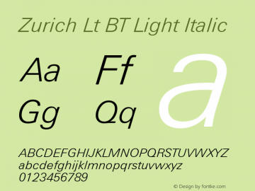 Zurich Light Italic BT Version 2.1 Font Sample