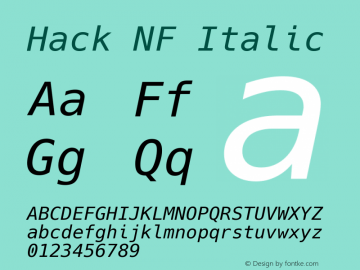 Hack Italic Nerd Font Complete Mono Windows Compatible Version 2.020; ttfautohint (v1.5) -l 4 -r 80 -G 350 -x 0 -H 145 -D latn -f latn -m 