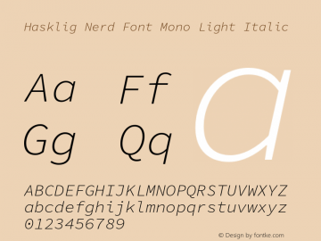 Hasklig Light Italic Nerd Font Complete Mono Version 1.030;PS 1.0;hotconv 1.0.88;makeotf.lib2.5.647800 Font Sample