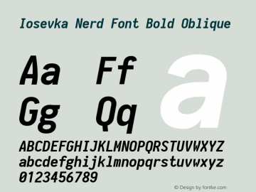 Iosevka Bold Oblique Nerd Font Complete 1.8.4; ttfautohint (v1.5) Font Sample
